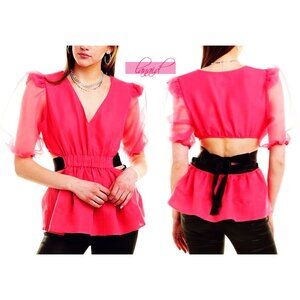Cynthia Rowley Grace Organza Top Pink Black Open Cutout Back Puff Sleeve Peplum
